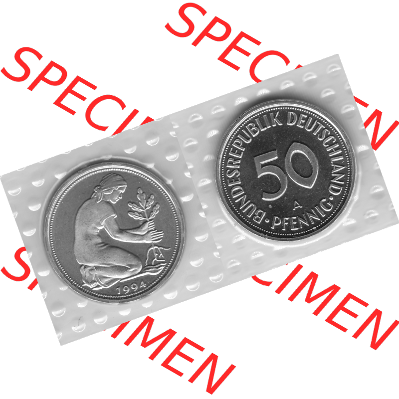 BRD-Deutschland Münzen 1994, 50 Pfennig Graustufen VS+RS horizontal. Graustufen-Bilder der Vorderseite und Rückseite mit Wert-Zahl auf einen Bild / Foto der digitalisierten... Sammlung