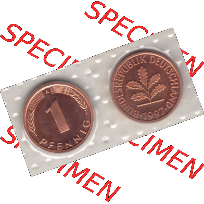 BRD-Deutschland 1997, 1 Deutscher Pfennig, RS+VS horizontal Farbe. Pfennig-Münze in Farbe aus dem Jahrgang 1997 Deutschland der BRD-Bundesrepublik mit Münzzeichen A für... Sammlung