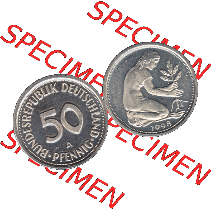 Münze der BRD-Deutschland 1998, Mzz. A für Berlin, 50 Pfennig Transparent RS+VS horizontal Farbe. Farbige und Transparentes PNG-Bild der Deutschen Mark - Pfennig-Münze... Sammlung
