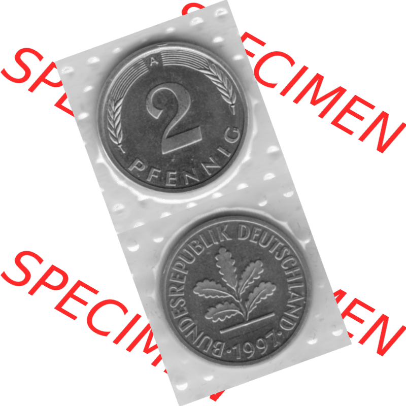 BRD-Deutschland 1997, 2 Deutscher Pfennig, RS+VS vertikal Graustufen. Pfennig-Münze in Grau / Graustufen / s/w oder auch als Schwarzweiß benannt aus dem Jahrgang... Sammlung