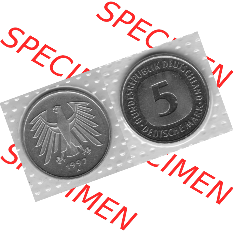 BRD-Deutschland 1997, 5 Deutsche Mark, VS+RS horizontal Graustufen. Mark-Münze als PNG-Grafik in Graustufen / s/w / Schwarzweiß aus dem Jahrgang 1997 Deutschland... Sammlung