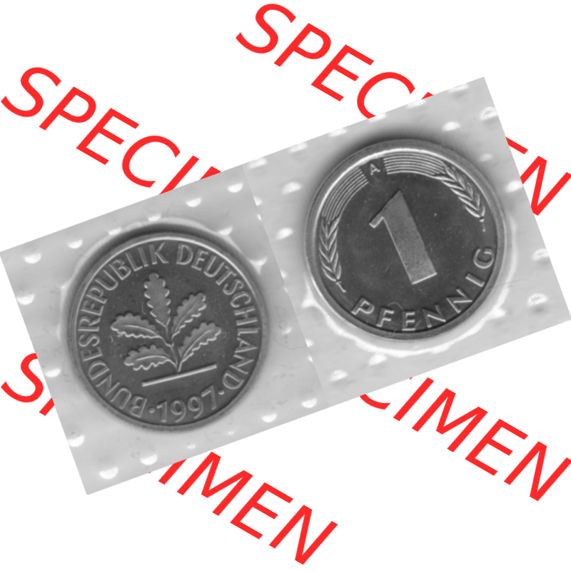 BRD-Deutschland 1997, 1 Deutscher Pfennig, VS+RS horizontal Graustufen. Pfennig-Münze in Grau / Graustufen / s/w oder auch als Schwarzweiß benannt aus dem... Sammlung