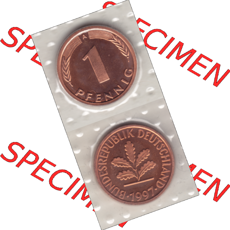 BRD-Deutschland 1997, 1 Deutscher Pfennig, RS+VS vertikal Farbe. Pfennig-Münze in Farbe aus dem Jahrgang 1997 Deutschland der BRD-Bundesrepublik mit Münzzeichen A für... Sammlung