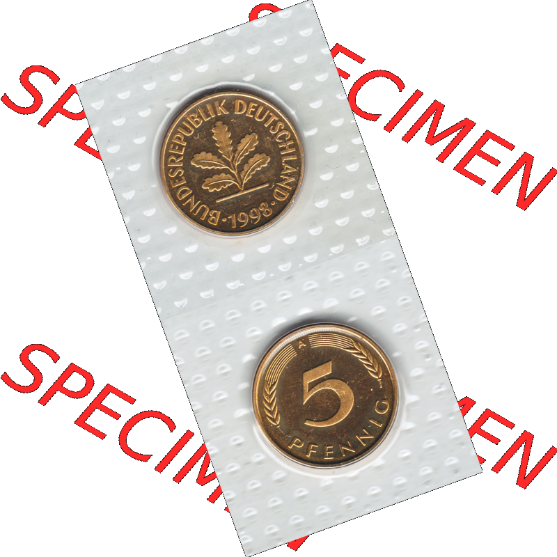 Münze der BRD-Deutschland 1998, Mzz. A für Berlin, 5 Pfennig VS+RS vertikal Farbe.Farbiges PNG-Bild der Deutschen Pfennig Münze vom Jahrgang 1998, aus... Sammlung