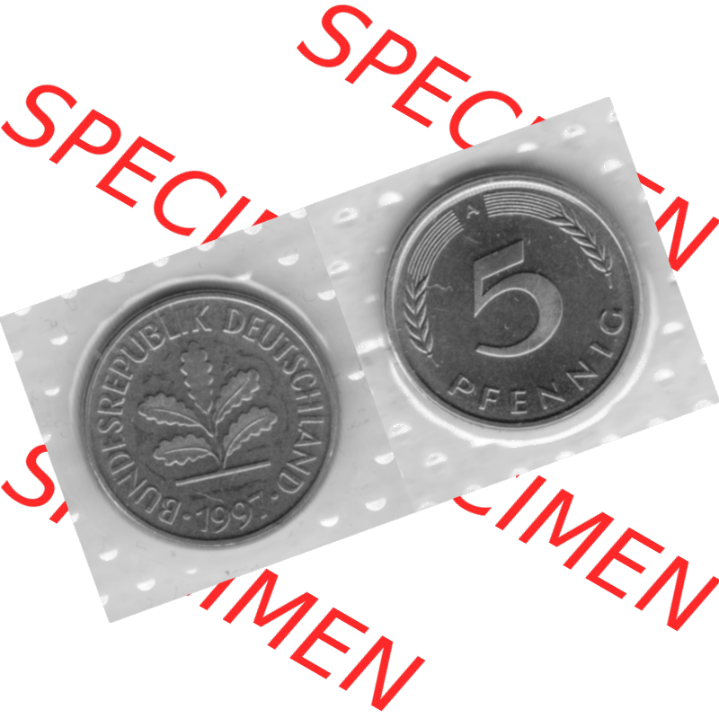 BRD-Deutschland 1997, 5 Deutscher Pfennig, VS+RS horizontal Graustufen. Pfennig-Münze in Grau / Graustufen / s/w oder auch als Schwarzweiß benannt aus dem... Sammlung
