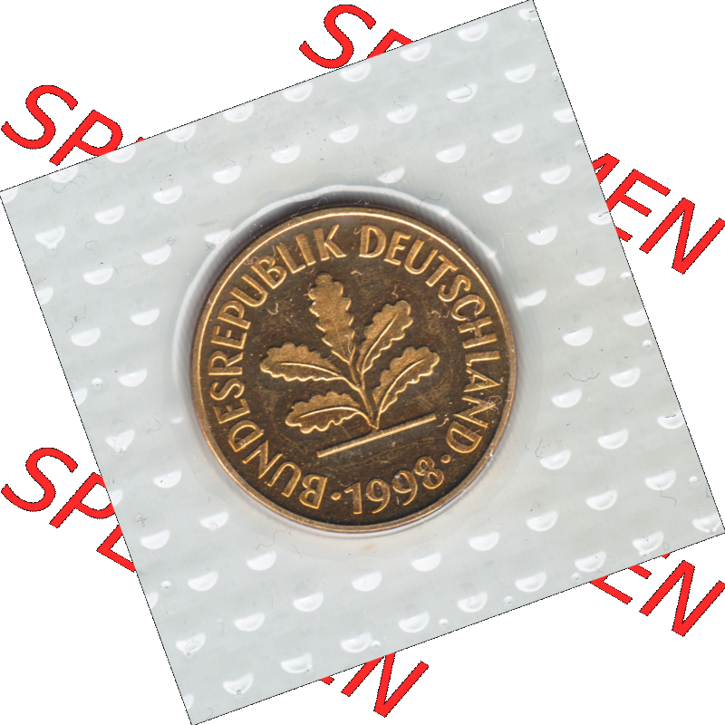Münze der BRD-Deutschland 1998, Mzz. A für Berlin, 5 Pfennig Vorderseite.Farbiges PNG-Bild der Deutschen Pfennig Münze vom Jahrgang 1998, aus Noppenfolie... Sammlung