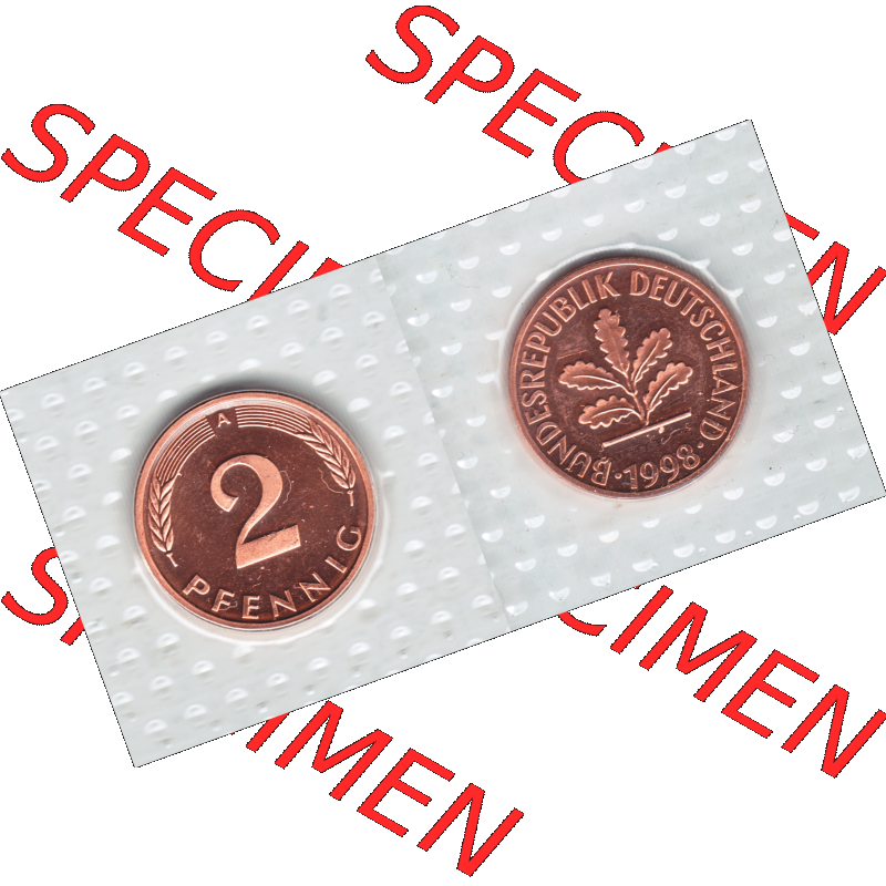 Münze der BRD-Deutschland 1998, Mzz. A für Berlin, 2 Pfennig RS+VS horizontal Farbe.Farbiges PNG-Bild der Deutschen Pfennig Münze vom Jahrgang 1998,... Sammlung