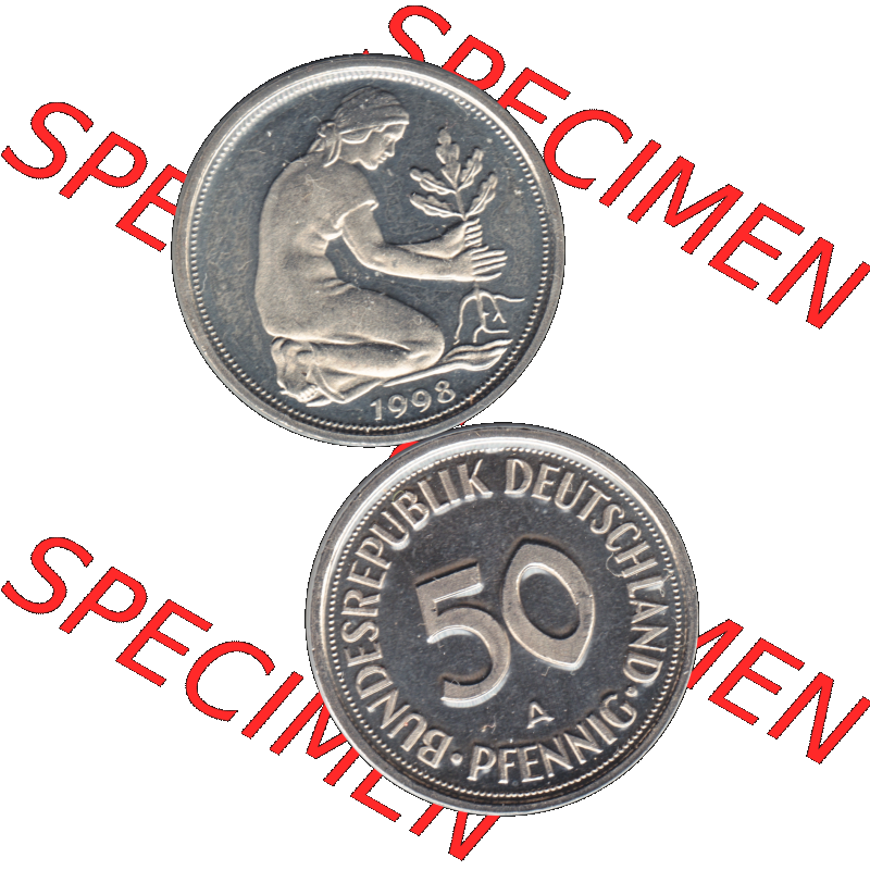 Münze der BRD-Deutschland 1998, Mzz. A für Berlin, 50 Pfennig Transparent VS+RS vertikal Farbe. Farbige und Transparentes PNG-Bild der Deutschen Mark - Pfennig-Münze... Sammlung