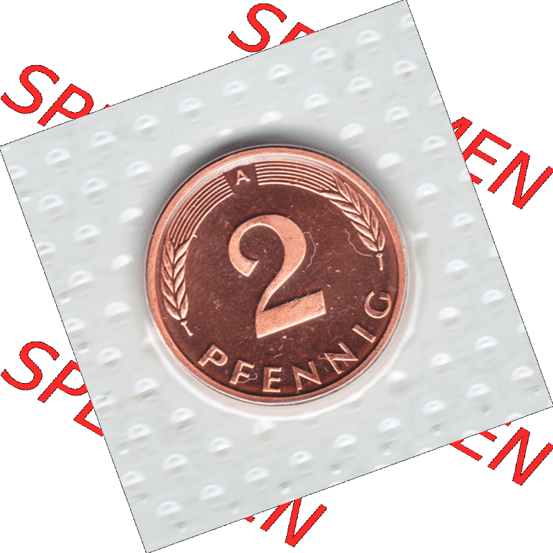 Münze der BRD-Deutschland 1998, Mzz. A für Berlin, 2 Pfennig Rückseite.Farbiges PNG-Bild der Deutschen Pfennig Münze vom Jahrgang 1998, aus Noppenfolie... Sammlung
