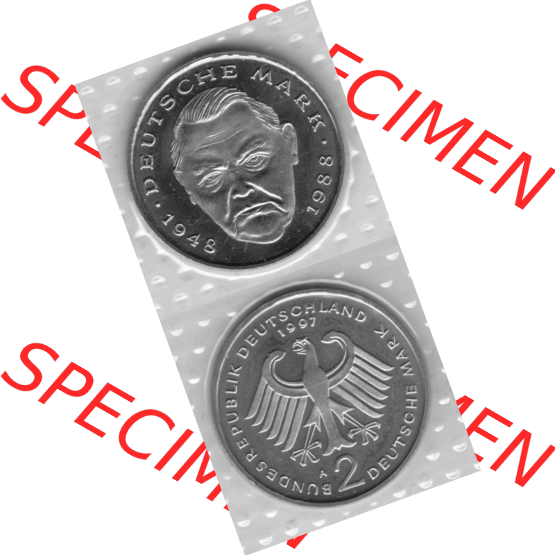 BRD-Deutschland 1997, 2 Deutsche Mark Gedenkmünze Ludwig Erhard, RS+VS vertikal Graustufen. Mark-Münze als PNG-Grafik in Graustufen / s/w / Schwarzweiß... Sammlung