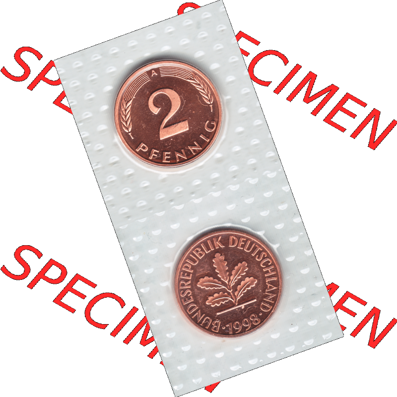 Münze der BRD-Deutschland 1998, Mzz. A für Berlin, 2 Pfennig RS+VS vertikal Farbe.Farbiges PNG-Bild der Deutschen Pfennig Münze vom Jahrgang 1998, aus... Sammlung