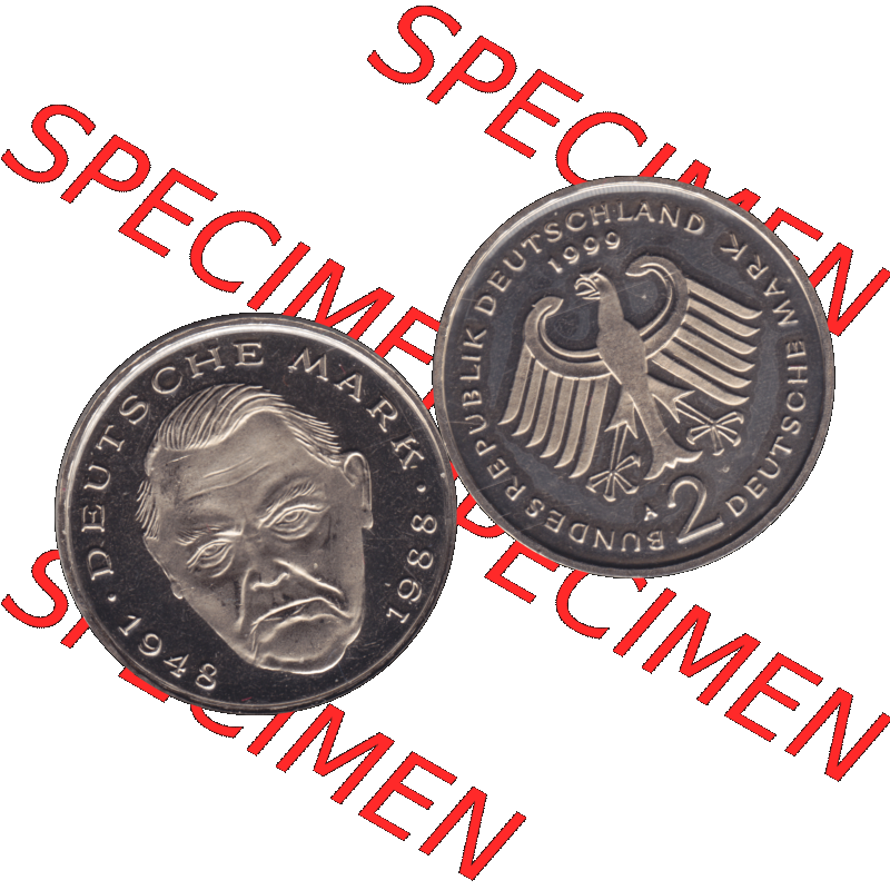 Münze der BRD-Deutschland 1999 Mzz. A für Berlin, Zwei 2 Deutsche Mark Ludwig Erhard transparent RS+VS horizontal Farbe. Farbiges und transparentes PNG-Bild der Deutschen... Sammlung