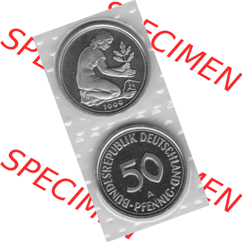 Münze der BRD-Deutschland 1999 Mzz. A für Berlin, Fünfzig 50 Pfennig aus KMS VS+RS vertikal Graustufen. Graues PNG-Bild der Deutschen Pfennig Münze vom Jahrgang... Sammlung