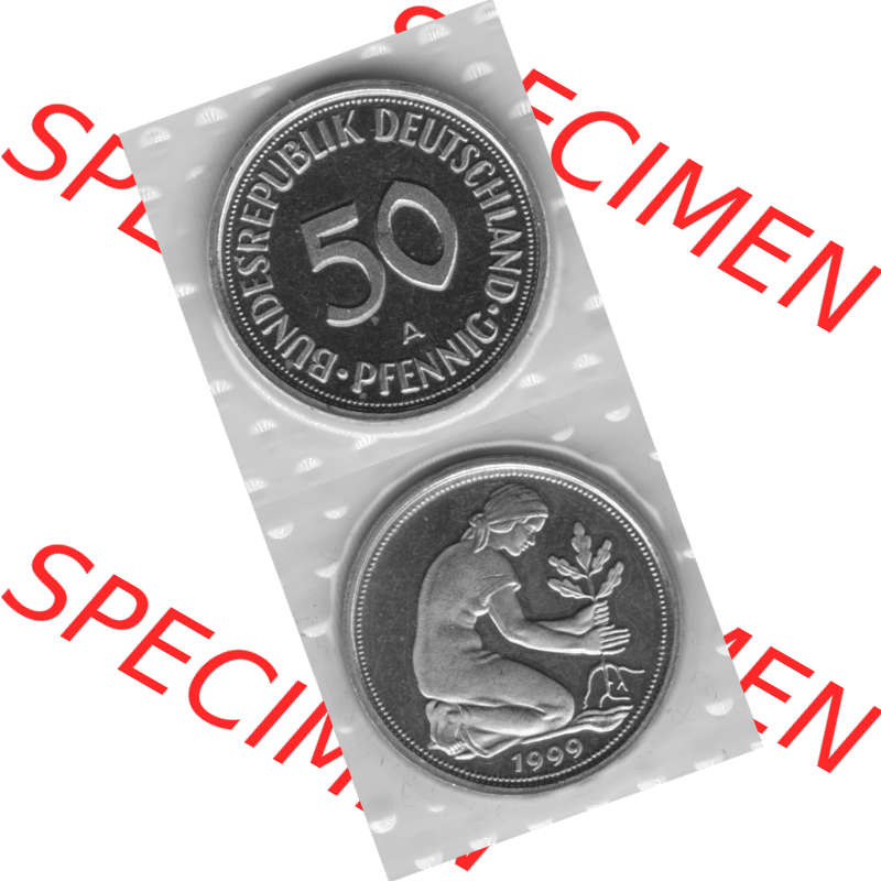 Münze der BRD-Deutschland 1999 Mzz. A für Berlin, Fünfzig 50 Pfennig aus KMS RS+VS vertikal Graustufen. Graues PNG-Bild der Deutschen Pfennig Münze vom Jahrgang... Sammlung