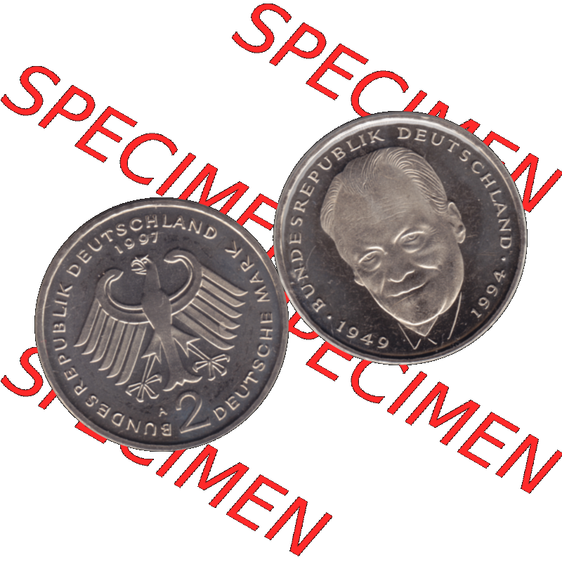 Münze der BRD-Deutschland 1997 Mzz. A für Berlin, 2 Deutsche Mark Gedenkmünze Willy Brandt VS+RS horizontal Farbe. Farbiges transparentes PNG-Bild der Deutschen... Sammlung