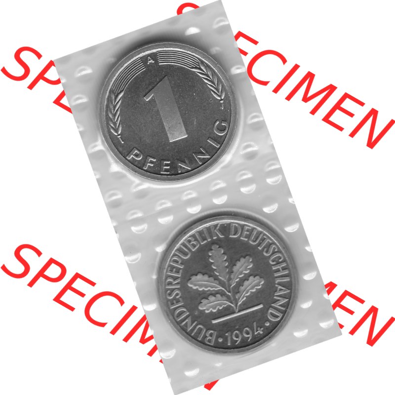 BRD-Deutschland Münzen 1994, 1 Pfennig Graustufen RS+VS vertikal. Graustufen-Bild erstellt aus Farbigen Bild mit Rückseite mit Wert-Zahl und Vorderseite auf einen Bild /... Sammlung