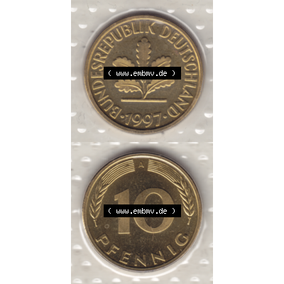 BRD-Deutschland 1997, 10 Deutsche Pfennige, VS+RS vertikal Farbe. Pfennig-Münze in Farbe aus dem Jahrgang 1997 Deutschland der BRD-Bundesrepublik mit Münzzeichen A für... Sammlung