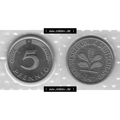 BRD-Deutschland 1997, 5 Deutscher Pfennig, RS+VS horizontal Graustufen. Pfennig-Münze in Grau / Graustufen / s/w oder auch als Schwarzweiß benannt aus dem... Sammlung