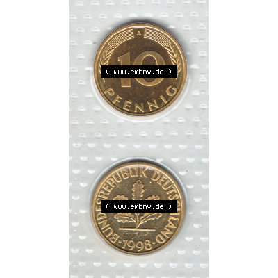 Münze der BRD-Deutschland 1998, Mzz. A für Berlin, 10 Pfennig RS+VS vertikal Farbe.Farbiges PNG-Bild der Deutschen Pfennig Münze vom Jahrgang 1998, aus... Sammlung