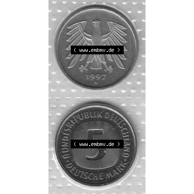 BRD-Deutschland 1997, 5 Deutsche Mark, VS+RS vertikal Graustufen. Mark-Münze als PNG-Grafik in Graustufen / s/w / Schwarzweiß aus dem Jahrgang 1997 Deutschland... Sammlung