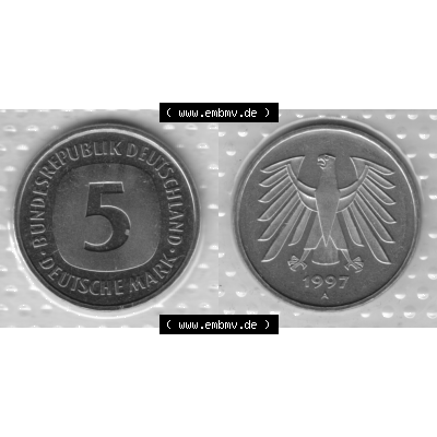 BRD-Deutschland 1997, 5 Deutsche Mark, RS+VS horizontal Graustufen. Mark-Münze als PNG-Grafik in Graustufen / s/w / Schwarzweiß aus dem Jahrgang 1997 Deutschland... Sammlung
