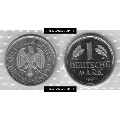 BRD-Deutschland 1997, 1 Deutsche Mark, VS+RS horizontal Graustufen. Mark-Münze als PNG-Grafik in Graustufen / s/w / Schwarzweiß aus dem Jahrgang 1997 Deutschland... Sammlung