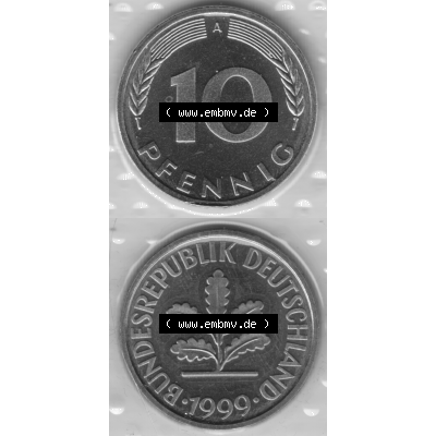 Münze der BRD-Deutschland 1999 Mzz. A für Berlin, Zehn 10 Pfennig aus KMS RS+VS vertikal Graustufen. Graues PNG-Bild der Deutschen Pfennig Münze vom Jahrgang 1999.... Sammlung