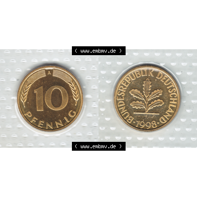 Münze der BRD-Deutschland 1998, Mzz. A für Berlin, 10 Pfennig RS+VS horizontal Farbe.Farbiges PNG-Bild der Deutschen Pfennig Münze vom Jahrgang 1998,... Sammlung