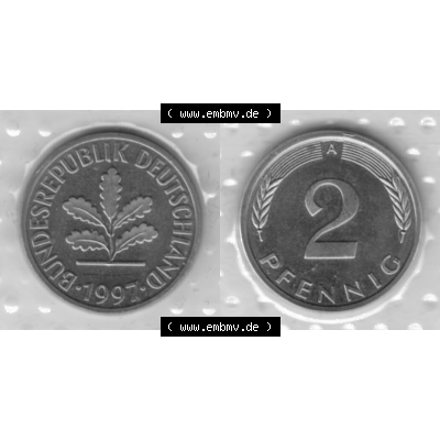 BRD-Deutschland 1997, 2 Deutscher Pfennig, VS+RS horizontal Graustufen. Pfennig-Münze in Grau / Graustufen / s/w oder auch als Schwarzweiß benannt aus dem... Sammlung