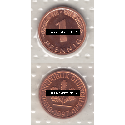 BRD-Deutschland 1997, 1 Deutscher Pfennig, RS+VS vertikal Farbe. Pfennig-Münze in Farbe aus dem Jahrgang 1997 Deutschland der BRD-Bundesrepublik mit Münzzeichen A für... Sammlung