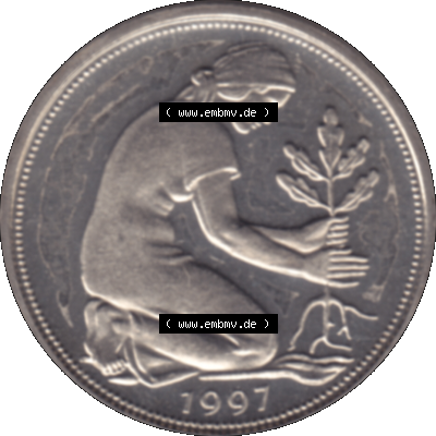 Münze der BRD-Deutschland 1997 Mzz. A für Berlin, 50 Deutsche Pfennig transparente Vorderseite. Farbiges transparente PNG-Bild der Deutschen Pfennig Münze vom Jahrgang... Sammlung