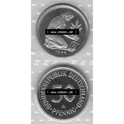 Münze der BRD-Deutschland 1999 Mzz. A für Berlin, Fünfzig 50 Pfennig aus KMS VS+RS vertikal Graustufen. Graues PNG-Bild der Deutschen Pfennig Münze vom Jahrgang... Sammlung