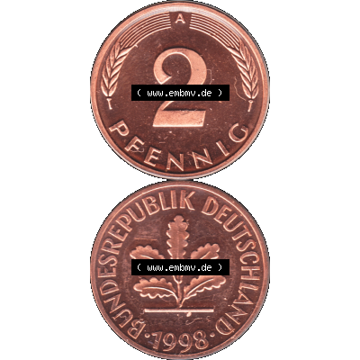 Münze der BRD-Deutschland 1998, Mzz. A für Berlin, Zwei 2 Pfennig Transparent RS+VS vertikal Farbe. Farbige und Transparentes PNG-Bild der Deutschen Mark - Pfennig-Münze... Sammlung
