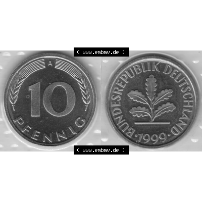 Münze der BRD-Deutschland 1999 Mzz. A für Berlin, Zehn 10 Pfennig aus KMS RS+VS horizontal Graustufen. Graues PNG-Bild der Deutschen Pfennig Münze vom Jahrgang 1999.... Sammlung
