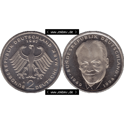 Münze der BRD-Deutschland 1997 Mzz. A für Berlin, 2 Deutsche Mark Gedenkmünze Willy Brandt VS+RS horizontal Farbe. Farbiges transparentes PNG-Bild der Deutschen... Sammlung