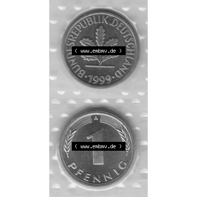 Münze der BRD-Deutschland 1999 Mzz. A für Berlin, Ein 1 Pfennig aus KMS VS+RS vertikal Graustufen. Graues PNG-Bild der Deutschen Pfennig Münze vom Jahrgang 1999.... Sammlung
