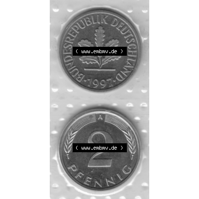 BRD-Deutschland 1997, 2 Deutscher Pfennig, VS+RS vertikal Graustufen. Pfennig-Münze in Grau / Graustufen / s/w oder auch als Schwarzweiß benannt aus dem Jahrgang... Sammlung