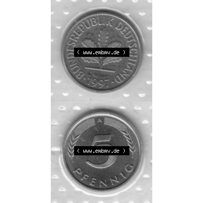 BRD-Deutschland 1997, 5 Deutscher Pfennig, VS+RS vertikal Graustufen. Pfennig-Münze in Grau / Graustufen / s/w oder auch als Schwarzweiß benannt aus dem Jahrgang... Sammlung