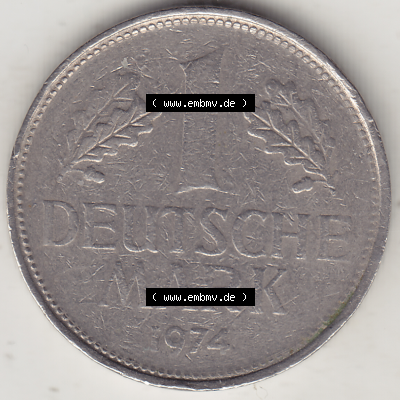 BRD Münze Deutschland Original Bild in PNG 1950-2001, 1 Eine Deutsche Mark, 1974 F-1 Rückseite (1) - Digitalisierte Deutsche 1 DM-Mark-Münze Bundesrepublik Deutschland... Sammlung