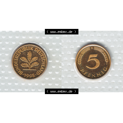 Münze der BRD-Deutschland 1998, Mzz. A für Berlin, 5 Pfennig VS+RS horizontal Farbe.Farbiges PNG-Bild der Deutschen Pfennig Münze vom Jahrgang 1998,... Sammlung