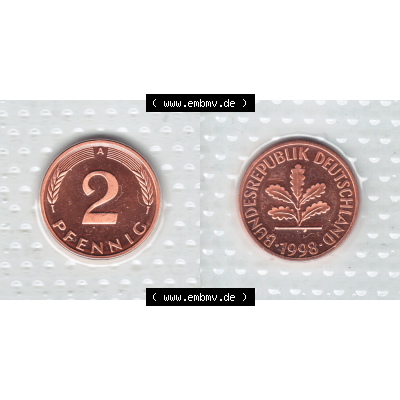 Münze der BRD-Deutschland 1998, Mzz. A für Berlin, 2 Pfennig RS+VS horizontal Farbe.Farbiges PNG-Bild der Deutschen Pfennig Münze vom Jahrgang 1998,... Sammlung