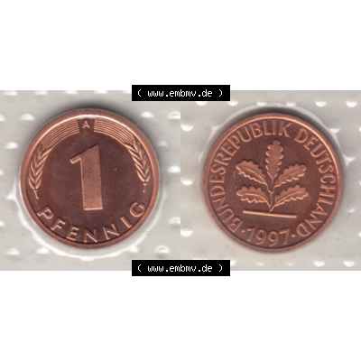 BRD-Deutschland 1997, 1 Deutscher Pfennig, RS+VS horizontal Farbe. Pfennig-Münze in Farbe aus dem Jahrgang 1997 Deutschland der BRD-Bundesrepublik mit Münzzeichen A für... Sammlung