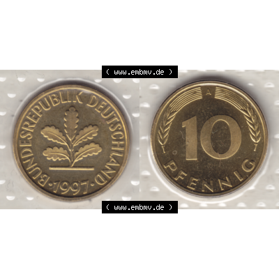 BRD-Deutschland 1997, 10 Deutsche Pfennige, VS+RS horizontal Farbe. Pfennig-Münze in Farbe aus dem Jahrgang 1997 Deutschland der BRD-Bundesrepublik mit Münzzeichen A für... Sammlung