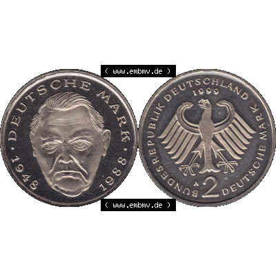 Münze der BRD-Deutschland 1999 Mzz. A für Berlin, Zwei 2 Deutsche Mark Ludwig Erhard transparent RS+VS horizontal Farbe. Farbiges und transparentes PNG-Bild der Deutschen... Sammlung