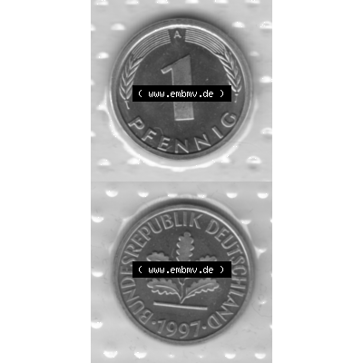 BRD-Deutschland 1997, 1 Deutscher Pfennig, RS+VS vertikal Graustufen. Pfennig-Münze in Grau / Graustufen / s/w oder auch als Schwarzweiß benannt aus dem Jahrgang... Sammlung