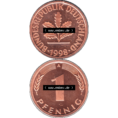 Münze der BRD-Deutschland 1998, Mzz. A für Berlin, Eine 1 Pfennig Transparent VS+RS vertikal Farbe. Farbige und Transparentes PNG-Bild der Deutschen Mark - Pfennig-Münze... Sammlung