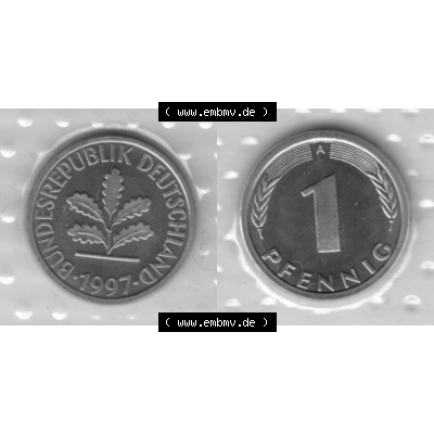 BRD-Deutschland 1997, 1 Deutscher Pfennig, VS+RS horizontal Graustufen. Pfennig-Münze in Grau / Graustufen / s/w oder auch als Schwarzweiß benannt aus dem... Sammlung