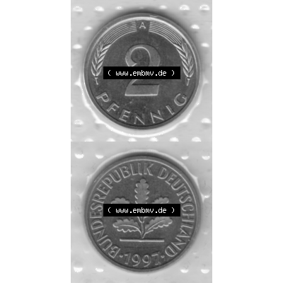 BRD-Deutschland 1997, 2 Deutscher Pfennig, RS+VS vertikal Graustufen. Pfennig-Münze in Grau / Graustufen / s/w oder auch als Schwarzweiß benannt aus dem Jahrgang... Sammlung