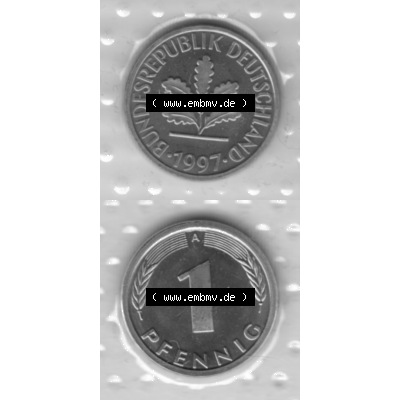 BRD-Deutschland 1997, 1 Deutscher Pfennig, VS+RS vertikal Graustufen. Pfennig-Münze in Grau / Graustufen / s/w oder auch als Schwarzweiß benannt aus dem Jahrgang... Sammlung