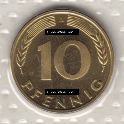 BRD-Deutschland 1997, 10 Deutsche Pfennige Rückseite. Pfennig-Münze in Farbe aus dem Jahrgang 1997 Deutschland der BRD-Bundesrepublik mit Münzzeichen A für Münzstätte... Sammlung